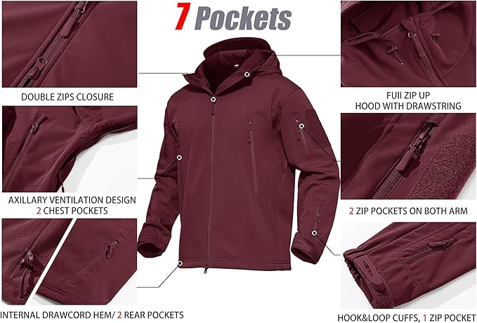MAGCOMSEN Men's Tactical Jacket 7 Pockets Performance Fleece Lined Water Resistant Ski Snow Soft Shell Winter Coats