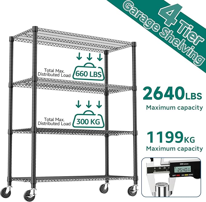 4 Tiers Shelf 2640 lbs Steel Storage Shelving Utility Shelving Unit Steel Organizer Wire Rack for Home,Kitchen,Office,Garage Black 23.6" D x 53.1" W x 73.6" H