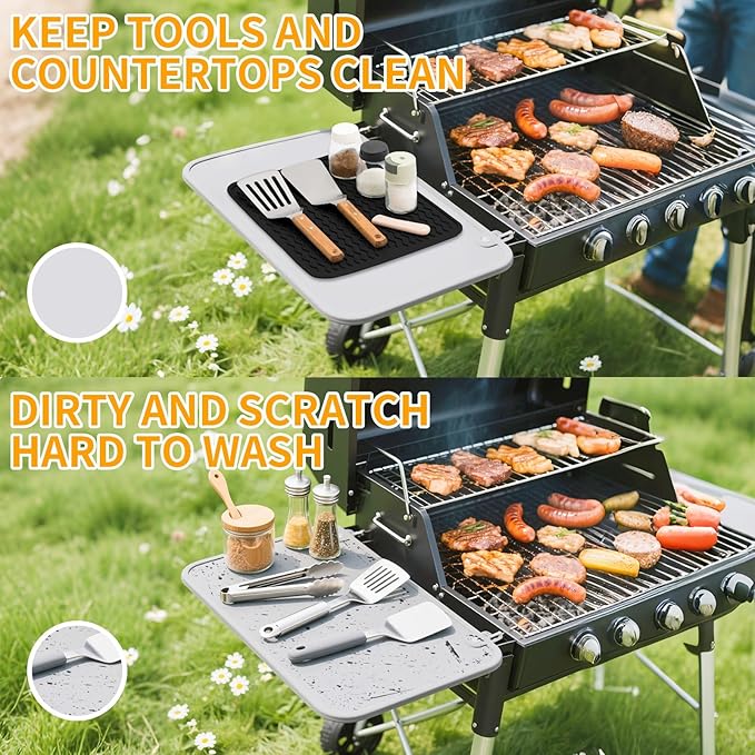 Silicone Grill Mat for Blackstone, Silicone Side Shelf Tool Mat, Outdoor BBQ Spatula Mat, with Drip Pad Kitchen Countertop Heat Resistant Mat, Griddle Accessories (Black)