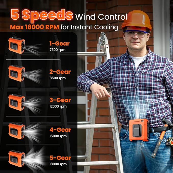 Portable Waist Fan - 5 Speeds 18000RPM Strong Airflow 10000mAh Battery Powered 35H Cooling - Hands-Free Waist Neck Desk Fan with Flashlight for Outdoor Jobsite Camping, Orange