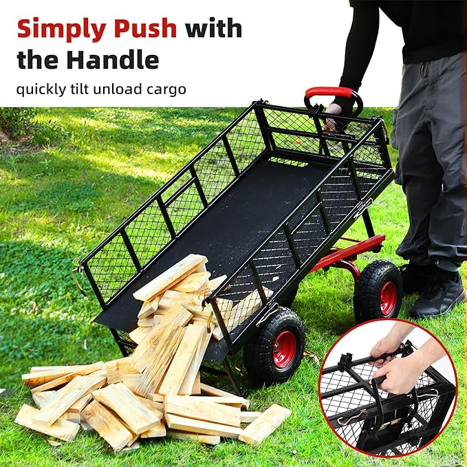 Heavy Duty Steel Garden Dump Cart 880 Lbs Capacity, Metal Garden Wagon with Removable Mesh Sides, Utility Metal Dump Wagon with 180° Rotating Handle, 10-inch All Terrain Wheels & Utility Liner