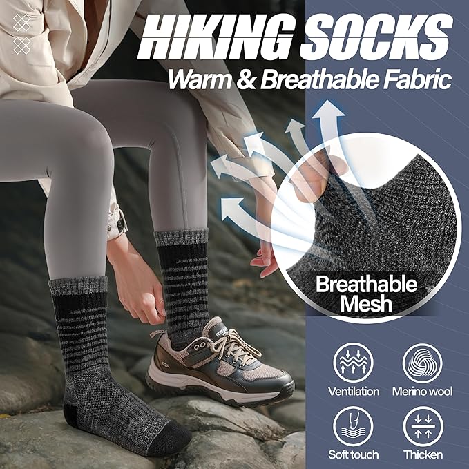 ANTSANG Merino Wool Hiking Socks for Men & Women 5 Pairs Thermal Warm Winter Thick Cushion Moisture Wicking Crew Boot Socks