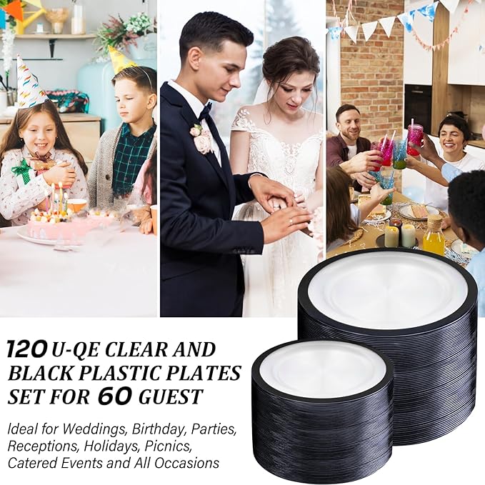 U-QE 120pcs Black Plates Disposable for Party - Clear Plastic Plates Disposable Heavy Duty - Include 60 10" Dinner and 60 7" Dessert Plate, Perfect for Halloween Party & Wedding
