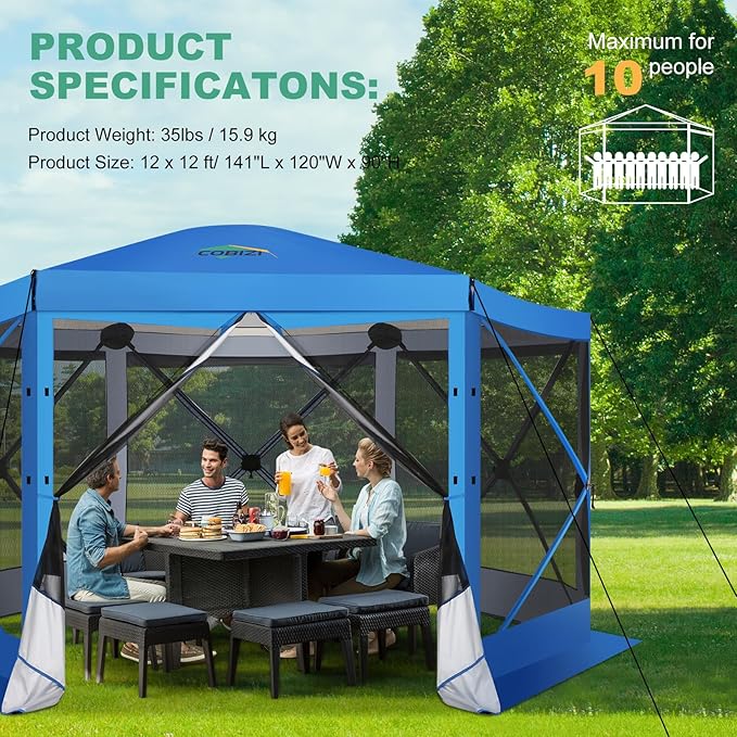 COBIZI 12x12 Pop up Gazebo Screen House Tent for Camping, Outdoor Canopy with Removable Roof & Mosquito Netting, Portable Hub with Carrying Bag and Ground Stakes, Blue