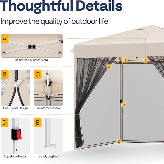 VIVOHOME 10x10ft Easy Pop-Up Canopy, Outdoor Screen Tent with Mosquito Netting, 2 Zipper Doors, and Roller Bag for Yard Camping Picnic Party Events, Beige