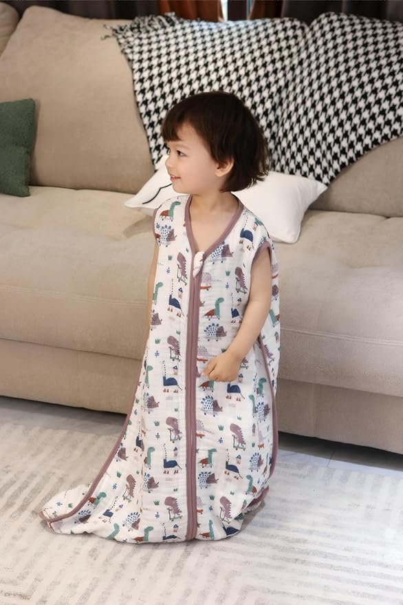Baby Sleep Sack 2-4 T Baby Wearable Blanket 100% Organic Cotton 0.5 TOG Toddler Sleep Sacks 2- Way Zipper Soft 4 Layers 2T 3T 4T Dinosaur