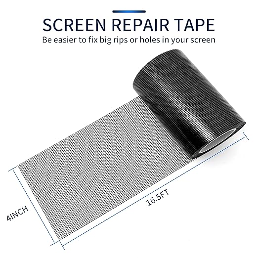 Screen Repair Tape, Extra Wide 16FT, Black, Adhesive & Waterproof, Fiberglass, fix for Screen Door and Window Screen, (4 INCH X 16.5 FT)