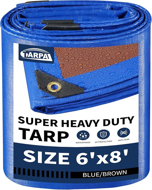 TARPAL 6x8ft Waterproof Small Tarp 16Mil Heavy Duty tarp with Metal Grommets Every 17.7" Multipurpose tarps Tear-Resistant UV Protection Cover for Roof,Pool,Car,Firewood,Outdoor Furniture (Blue/Brown)