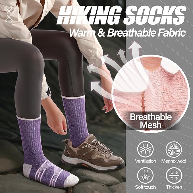 ANTSANG 5 Pairs Merino Wool Hiking Socks for Men & Women Thermal Winter Warm Moisture Wicking Cushion Boot Socks