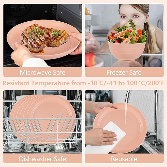 Rubtlamp 16Pcs Plastic Wheat Straw Dinnerware Set, Reusable Plastic Plate Set for 4, Kitchen Plates And Bowls Set (Orange Pink) for Daily, Camping