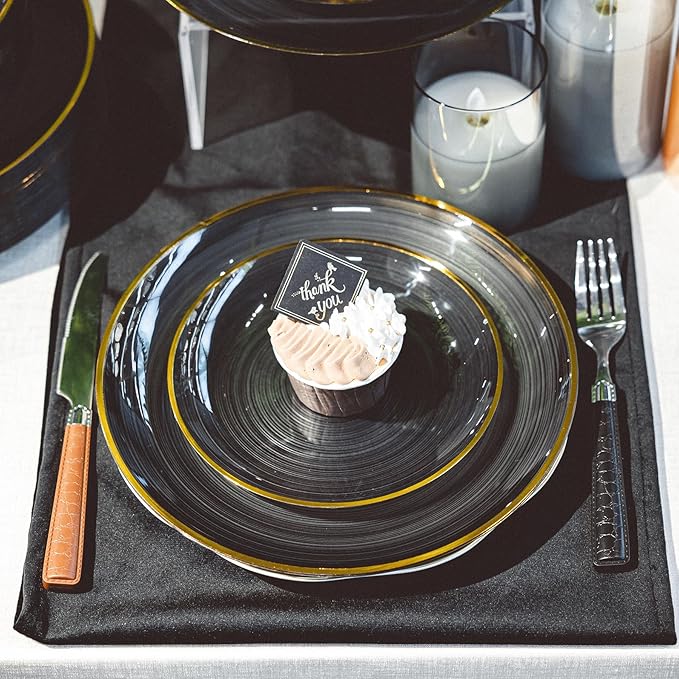 100 Piece Black Gold Plastic Plates, Disposable Heavy Duty Dessert Plates with Gold Rim, 7 in Round Salad Plates for Wedding Party
