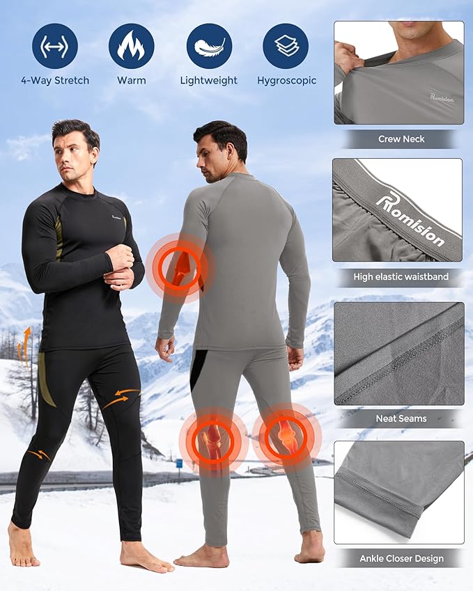 romision 2 Pack Thermal Underwear for Men Long Johns Fleece Lined Hunting Gear Bottom Top Set Base Layer Cold Weather XS-4XL