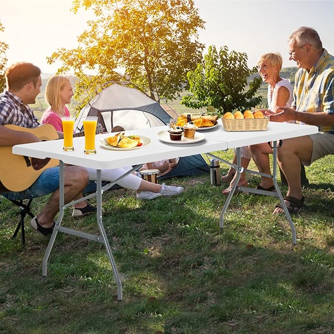 GYMAX 6FT Folding Tables, Portable Lightweight Camping Table with Carry Handle, Easy Fold Up Indoor/Outdoor Collapsible Table for Camp, Picnic, Patio (Basic White No Umbrella Hole)