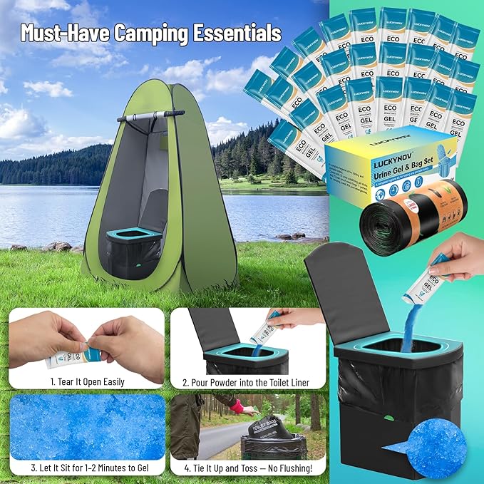 25 Portable Toilet Bags with 25 Poo Gels, 8 Gallon Leak-Proof Camping Toilet Waste Bags โ Absorbent Gel Value Pack for Portable Potty, RV, Hiking, Travel, Outdoor Use
