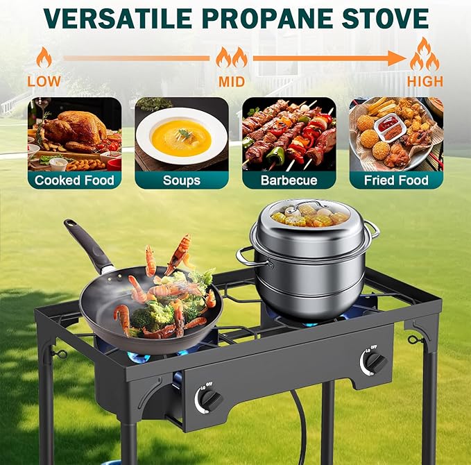 2 Burner Propane or LPG Gas Stove for Outdoor Cooking | 150,000 BTU High-Pressure Heavy-Duty Camping Stove with Regulator | Portable for Backyard, Patio BBQ, Baking, Frying