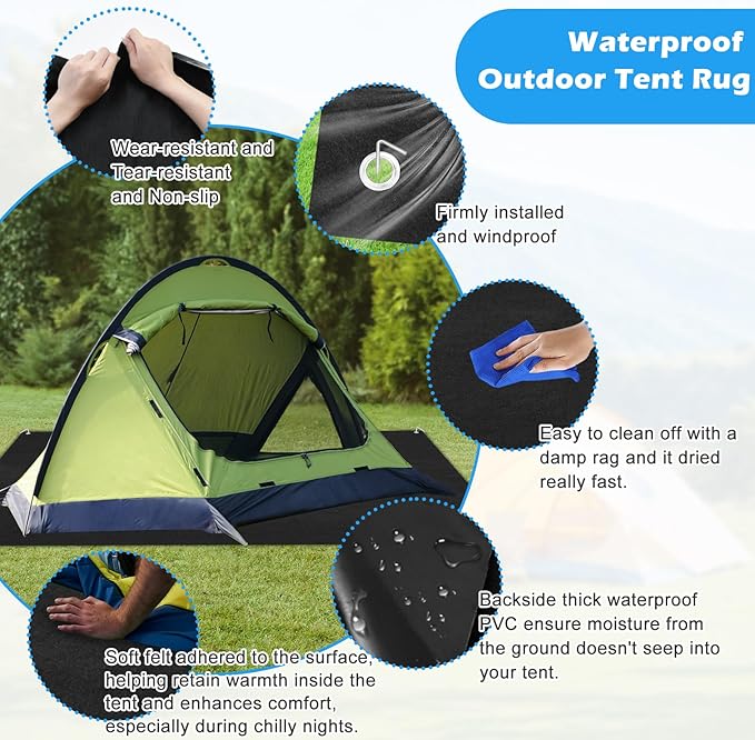 Camping Tent Carpet Mat, Large Picnic Blanket Waterproof Outdoor Camping Rugs Keeps You Warm & Dry Felt Tents Floor Mat with Storage Strap and Stakes for Hiking Lawn Inside Outside Tents, 6.2 X 5 Ft