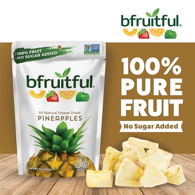 bfruitful Freeze-Dried Pineapple, Freeze Dried Fresh Fruit Bites, Gluten Free, Vegan, Dairy Free, Kosher, No Sugar Added, Non GMO, Healthy Snacks for Kids or Adults, 0.56 oz Single-Serve Snack Packets, 24 Pack