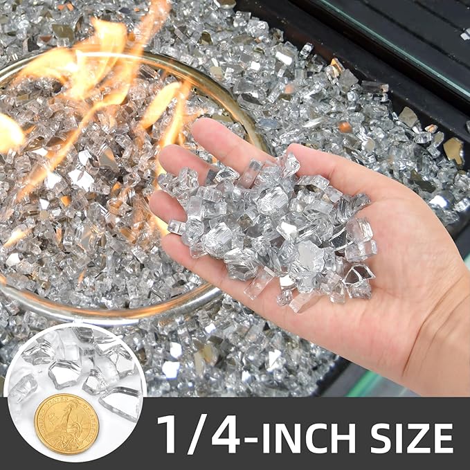 20 Pounds Fire Glass 1/4 Inch High Reflective Tempered Firepit Glass Rocks for Fireplace, Fire Pit Table, Fire Bowl and Landscaping (Crystal Clear)