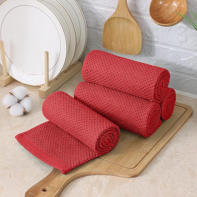 Kitinjoy 100% Cotton Kitchen Towels and Dishcloths Set, 12 Pack-13" x 28" and 12" x 12" Waffle Weave Dish Towels, Ultra Soft Absorbent Quick Drying Dish Rags, Red