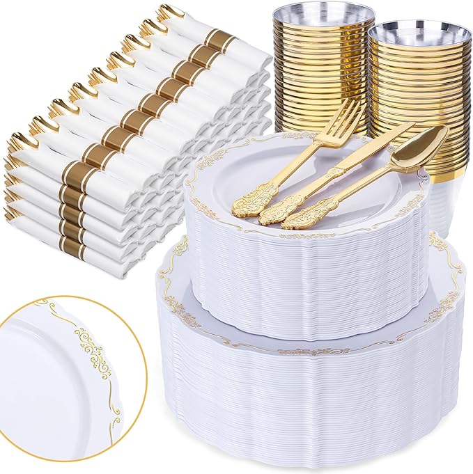 U-QE 350PCS Gold Plastic Plates - Disposable Dinnerware Set for 50 Guests - White and Gold Plates and Napkins Party Supplies include 100 Plate, 150 Silverware, 50 Cups, 50 Napkins for Weddings&Party