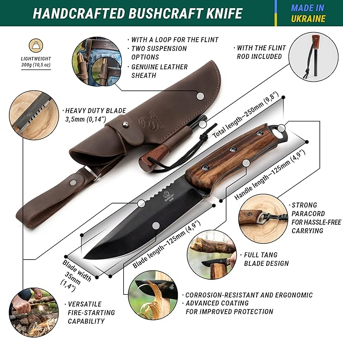 BeaverCraft Bushcraft Knife Full Tang 9.8" - Bush Knife with Fire Starter & Leather Sheath BSH4F - 5" Fixed Blade Carbon Steel - Camping Knives for Hiking, Survival, Outdoor