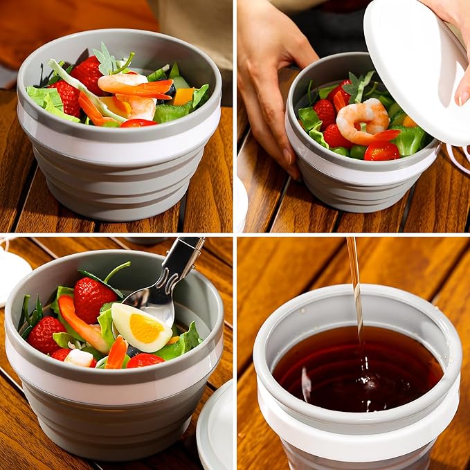 Odoland Camping Collapsible Silicone Cup and Bowl Set, Portable Mess Kit with Stainless Steel Spork and Lid for 1 Person Backpacking, Family Cookware, Hiking, Picnic, Travel