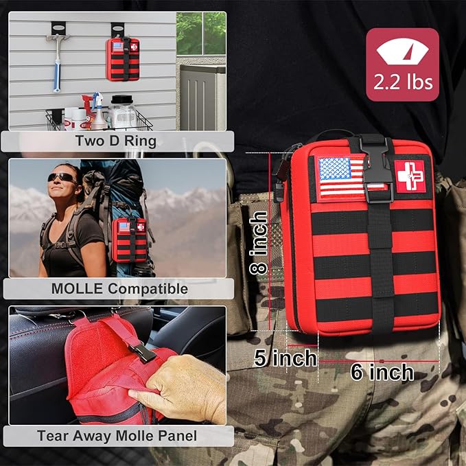 First Aid Kit,Survival Gear Outdoor Tactical Gear Set Military Grade Molle System for Camper Travel Hunting Hiking and Adventures(RED)