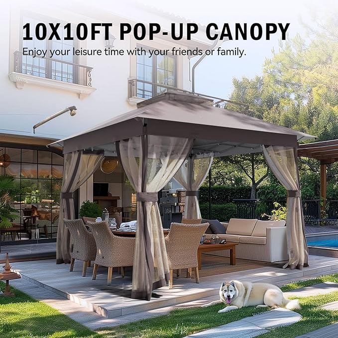 Outdoor Pop Up Gazebo 10x10 - Instant Canopy Tent with Mosquito Nettings, Double Roof Vented Gazebos Tents Shelter for Backyard Shade Party Garden Lawns (Brown, 10x10)
