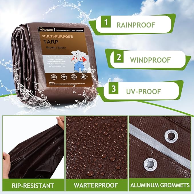 10 Mil Heavy Duty Waterproof Tarps, 10x20 Ft Finished Size Tarps, Premium Tarp with Metal Grommets & Reinforced Edge, Multipurpose Thick Poly Tarp for Car, Boat, Roof, Camping - Brown