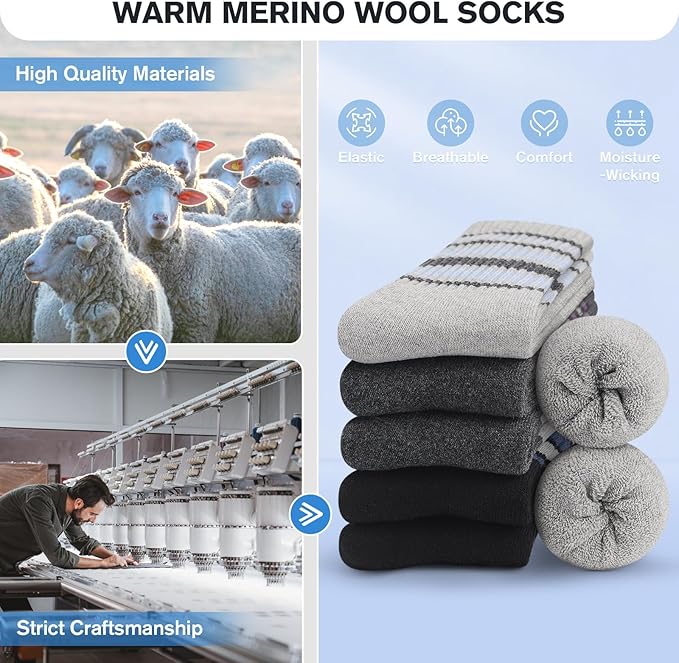 SIMIYA 5 Pairs Merino Wool Socks for Women Winter Thick Warm Hiking Socks Women Thermal Crew Cushion Socks