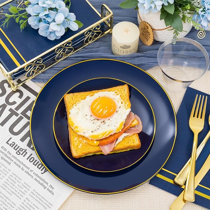 NOCCUR 350PCS Navy Blue Plastic Plates - Blue Disposable Dinnerware Set for 50 Guests, 100 Dinner/Dessert Plates, 150 Gold Silverware, 50 Cups&50 Napkins for Party/Wedding/Labor Day