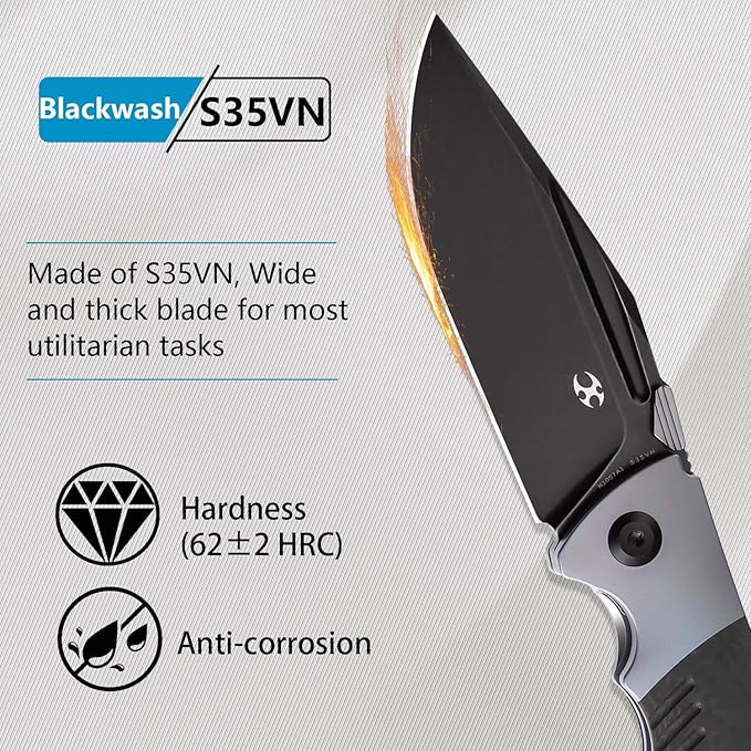 KANSEPT Hinterland Pocket Folding Knives for Men EDC Camping Folding Knife 3.58'' Blackwash CPM S35VN Blade Pocket Folding Knife with Blue Anodized Titanium Twill Carbon Fiber Inlay Handle K1057A1