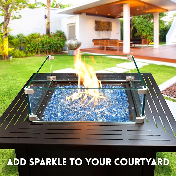 10 Pounds Fire Glass 1/4 Inch High Reflective Tempered Firepit Glass Rocks for Fireplace, Fire Pit Table, Fire Bowl and Landscaping (Pacific Blue)