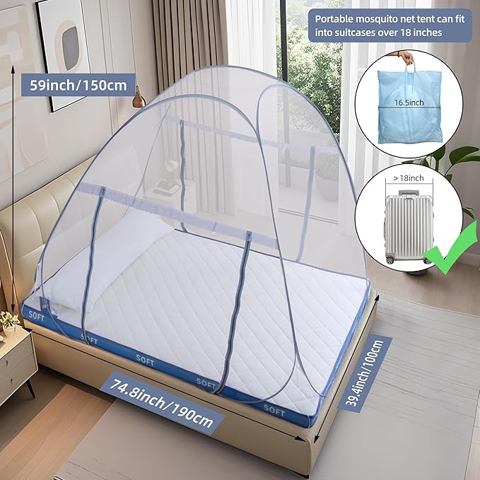 Pop-Up Mosquito Net Tent for Bed, Portable Folding Design Outdoor Camping Bed Tent with Net Bottom for Baby Adults, Easy to Install and Wash for Twin Size Bed 75 x 59 x 39 inch