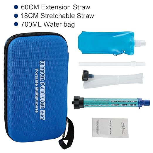 Water Filter Straw Kit Outdoor Portable Personal Water Filter Straw Water Purifier Survival Gear and Equipment for Hiking Camping Travel and Emergency Blue
