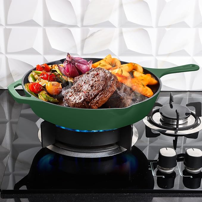 Utopia Kitchen Cast Iron Frying Pan 10.25 Inch, Cast Iron Chefs Pan, Pre Seasoned Skillet, Safe Grill Cookware for Indoor & Outdoor Use, Green