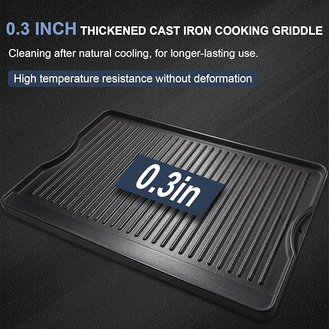 Criditpid Flat Griddle Top Plate Replacement Parts for Gas Stove, Charcoal, Electric, Propane, Gas Grill, 16” x 24” 2-in-1 Reversible Pre-Seasoned Cast Iron Cooking Griddle for Camping Tailgating.