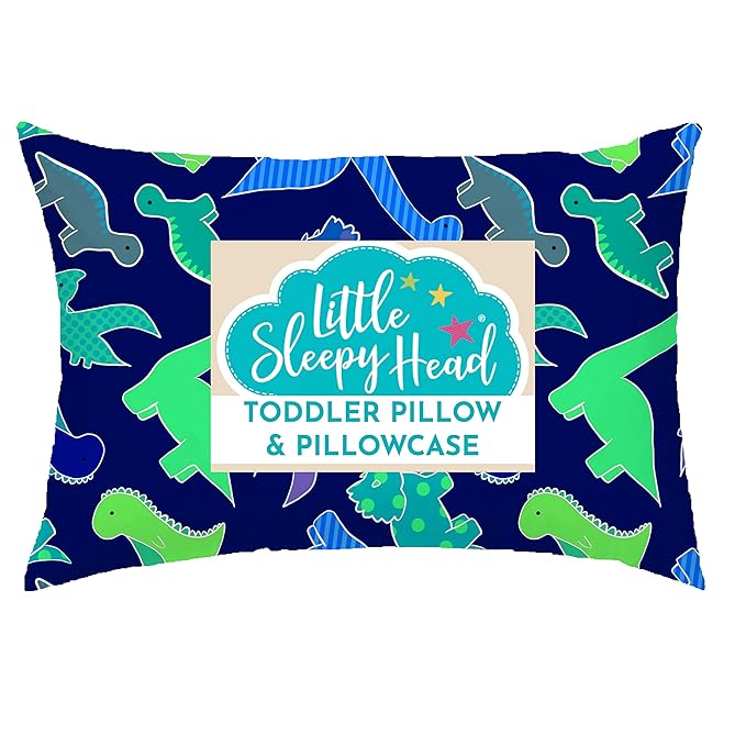Little Sleepy Head Toddler Pillow with Pillowcase 13x18 - Kids Pillow for Sleeping - Better Neck Support Ergonomic Pillow and Toddler Pillowcase - Best Pillows for Kids (Dinosaurs Blue)