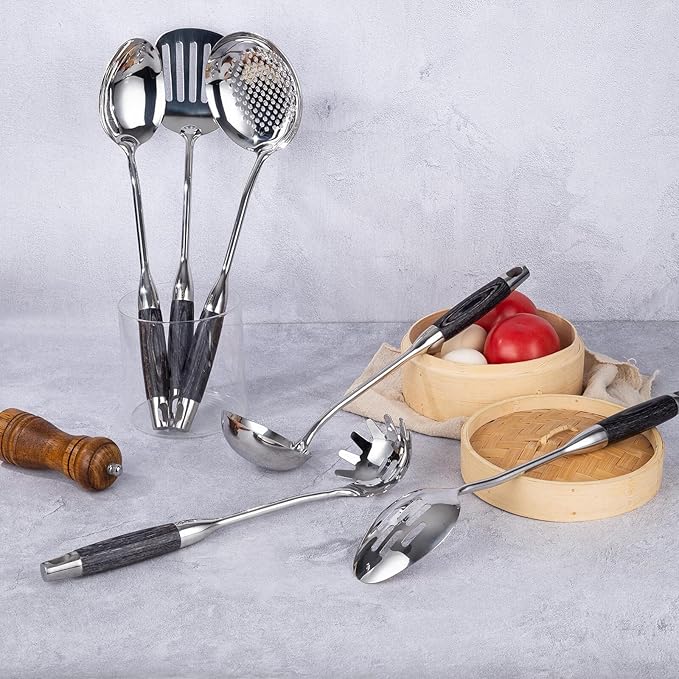 18/10 Stainless Steel Kitchen Utensils Set with Wood Handle - 15” Long Cooking Tools, Metal Spatula Spoons - Serving Solid/Slotted Spoon, Tunner, Skimmer, Soup Ladle, Pasta, Large Spoons Set of 6