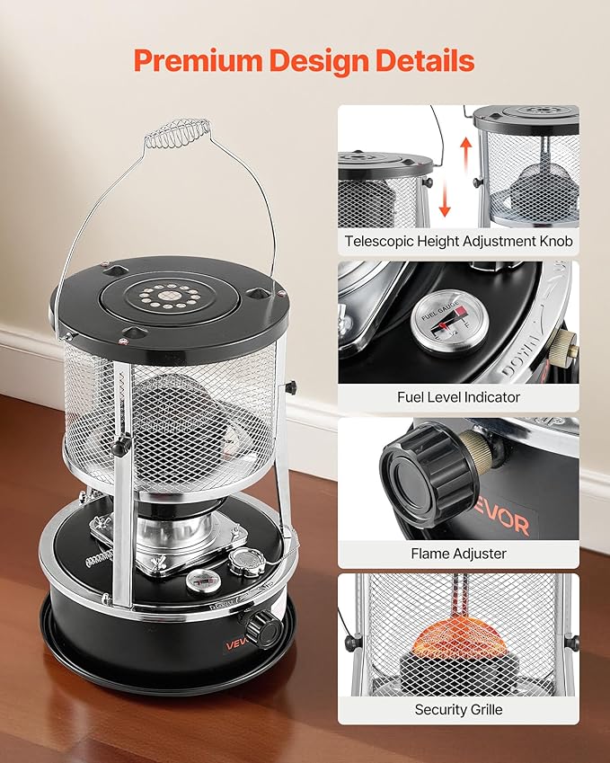 VEVOR 9000 BTU Portable Kerosene Heater & Stove, 2 in 1 Non-Electric Indoor Outdoor Heater with Adjustable Height & Flame & Easy Storage,for Camping, Hunting, Cooking, Home, Garage, Black