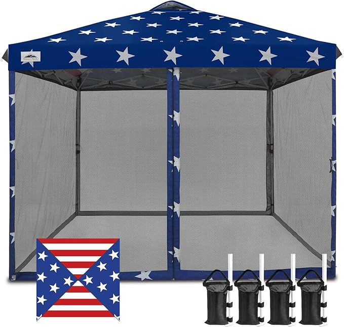 EAGLE PEAK 10x10 Outdoor Easy Pop up Canopy with Netting, Instant Screen Party Tent with Mesh Side Walls, American Flag