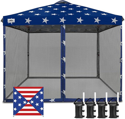 EAGLE PEAK 10x10 Outdoor Easy Pop up Canopy with Netting, Instant Screen Party Tent with Mesh Side Walls, American Flag