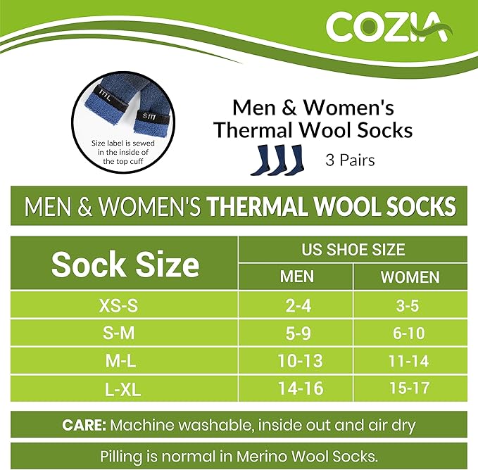 COZIA Merino Wool Socks for Men and Women Warm thermal Boot Hiking Socks 3 Pairs