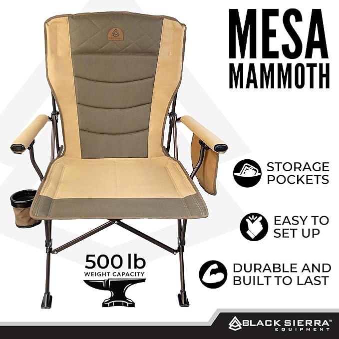 Black Sierra Oversize Camping Chair for Adults Supports 500 lbs, XL Heavy Duty Hard Arm Folding Chair, Steel Frame Durable Padded Outdoor Seat, Portable Fold Up Chair w/Cup Holder and Storage Bag