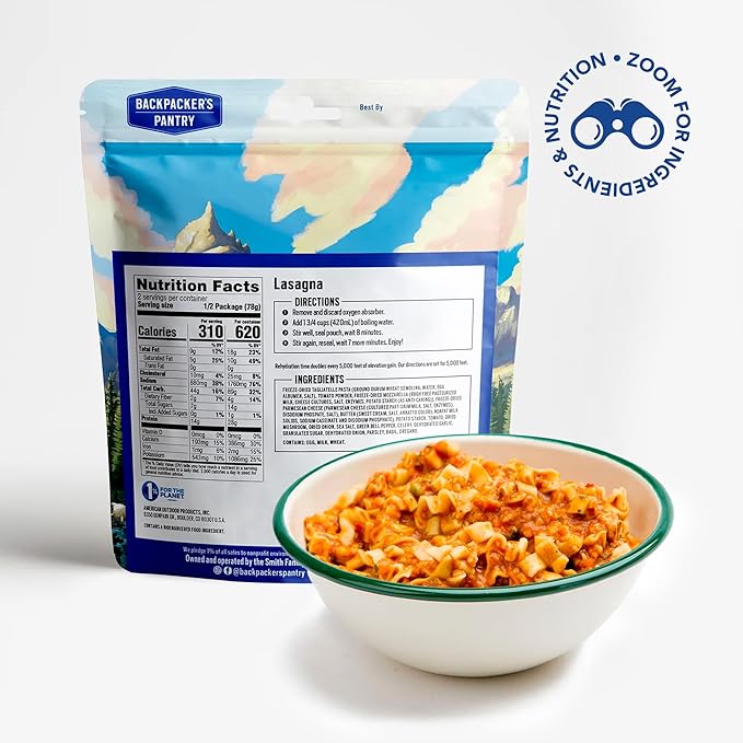 Backpacker's Pantry Lasagna - Freeze Dried Backpacking & Camping Food - Emergency Food - 28 Grams of Protein, Vegetarian - 6 Count