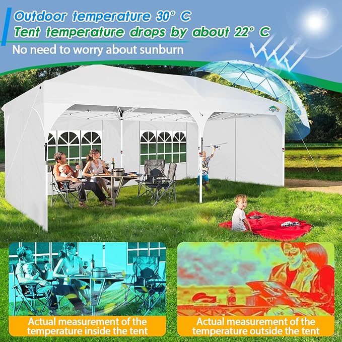 COBIZI 10x20 Pop up Canopy Tent with 4 Sidewalls Outdoor Canopy Tent for Party with Push Center Lock & Air Vent, 2000mm+Waterproof Gazebo Canopy UPF 50+with 4 Sandbags,12 Stakes & 6 Ropes,White