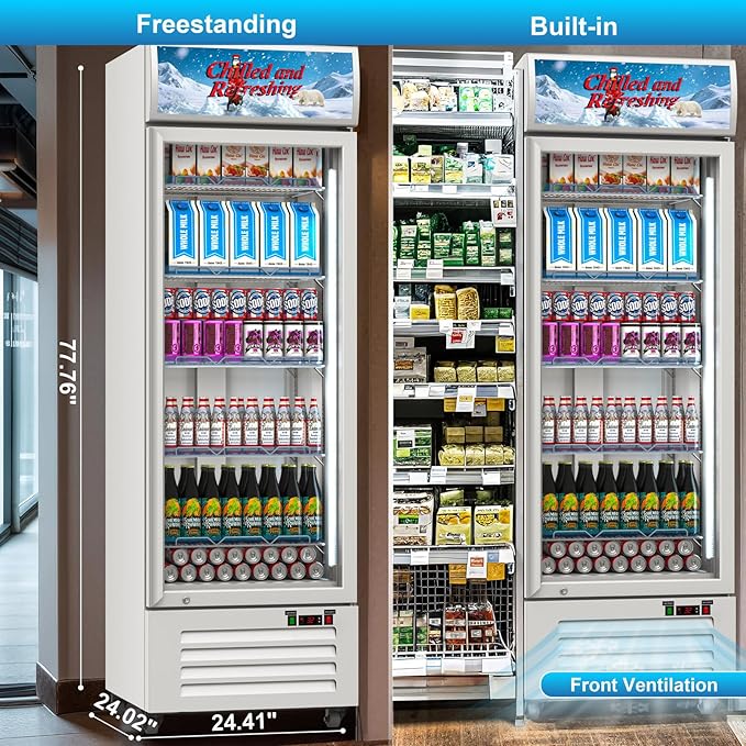 Commercial Beverage Refrigerator with Glass Door, 383L Display Fridge Beverage Cooler with Customizable Lightbox Adjustable Shelves, Drink Fridge Merchandiser for Restaurant Shop, White