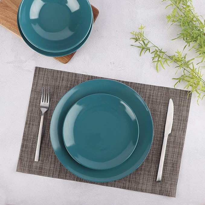Amazon Basics 18 Pieces Dinnerware Sets, Plates and Bowls, Service for 6, Deep Teal