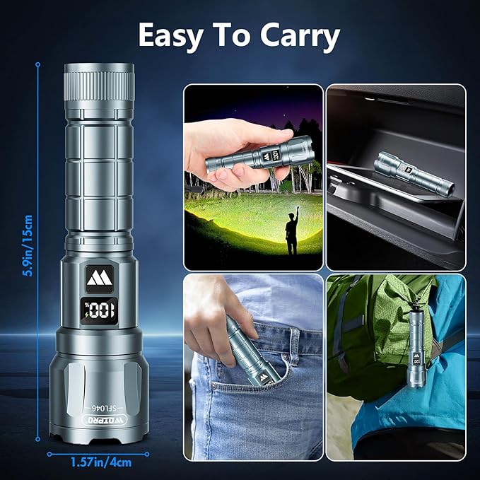 WdtPro LED Rechargeable Flashlight 2 Pack, Super Bright Zoomable 6000 Lumens Tactical Flashlight with LCD Digital Display, 3 Mode Waterproof Flash Light for Camping, Hunting & Home Emergency - Grey