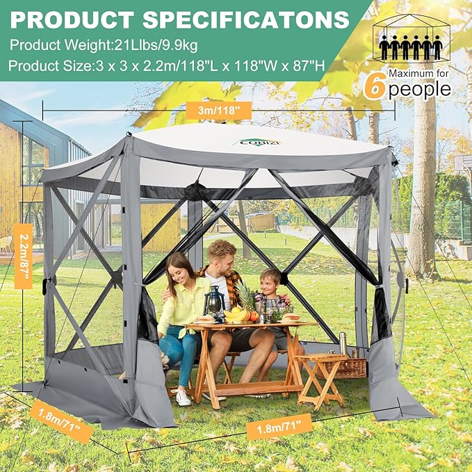 COBIZI 10x10 Pop up Gazebo Screen House Tent for Camping, Pop-up Camping Canopy with Mesh Windows,Portable Outdoor Quick-Set Hub Tent with Carrying Bag&Ground Stakes,Gray(Upgraded 2.0)